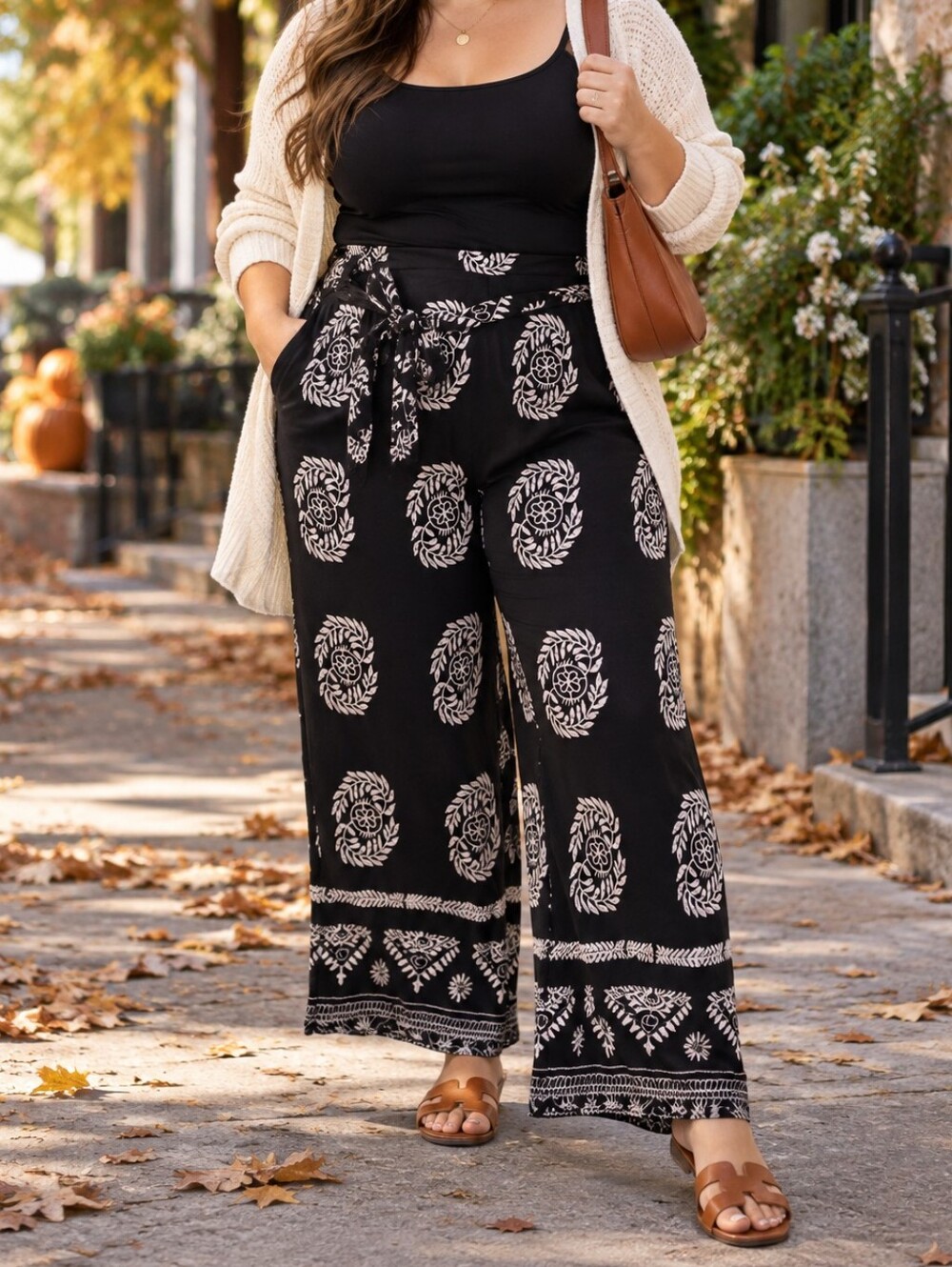 Papillon Blanc Black White Printed Tie Waist Wide Leg Ankle Pants Viscose Boho